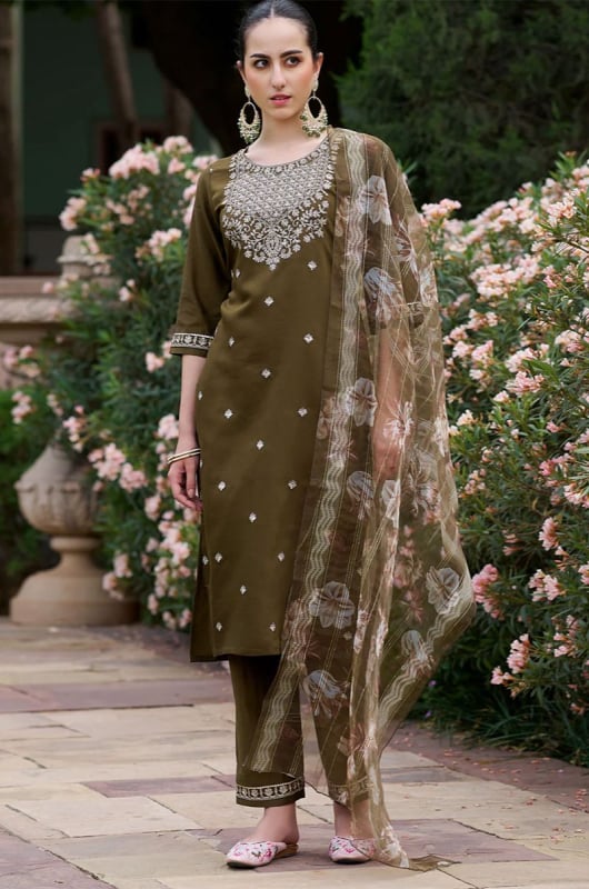 Mehendi Green Embroidered Viscose Rayon Readymade Suit