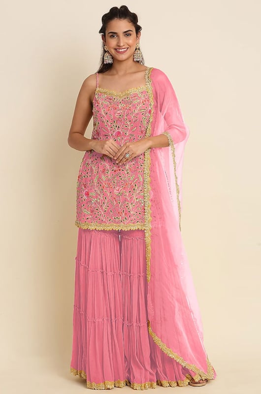 Melon Pink Embroidered Georgette Sarara Kameez