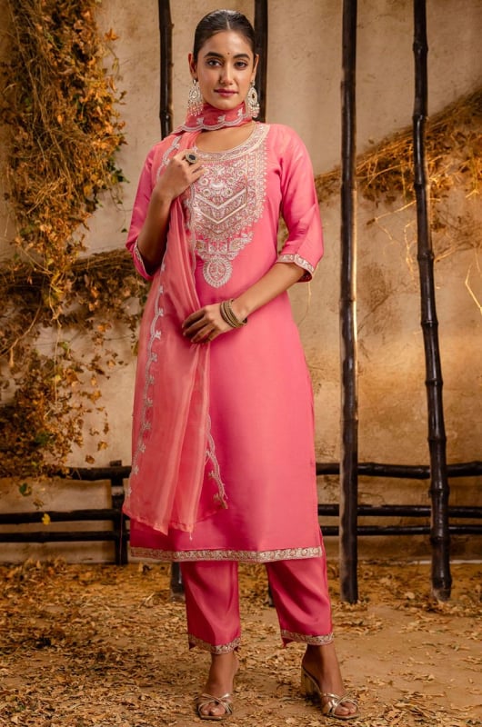 Melon Pink Embroidered Silk Blend Readymade Suit