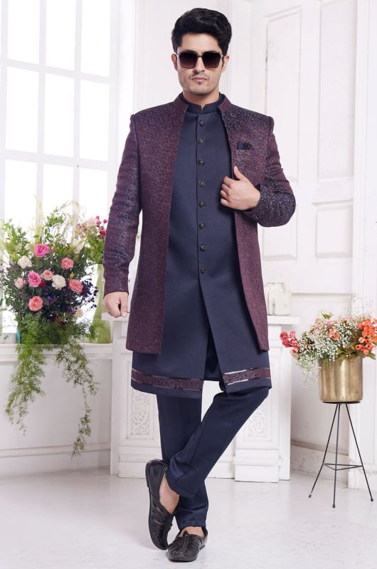 Midnight Blue and Burgundy Jacquard Art Silk IndoWestern