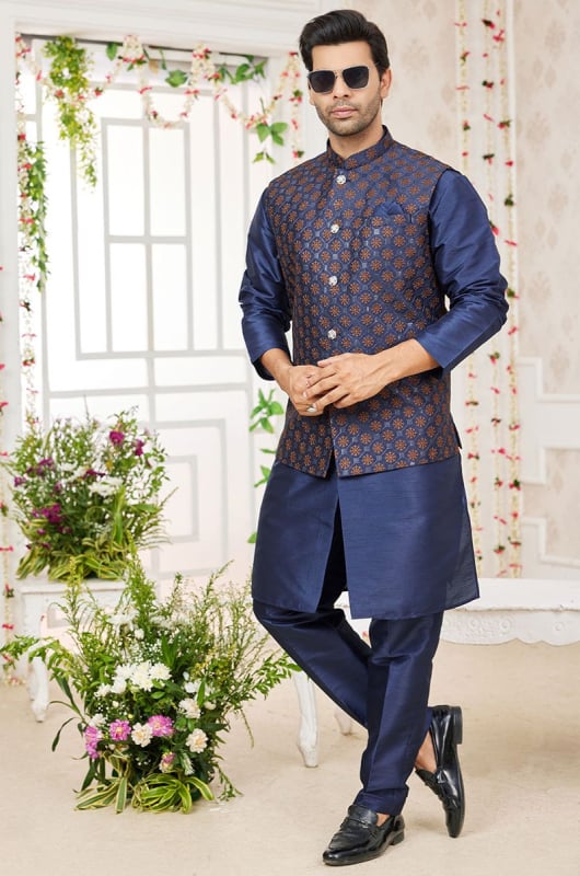 Midnight Blue Art Banarasi Silk Kurta Set with Jacket