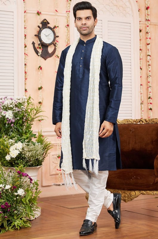 Midnight Blue Art Silk Kurta Set with Stole