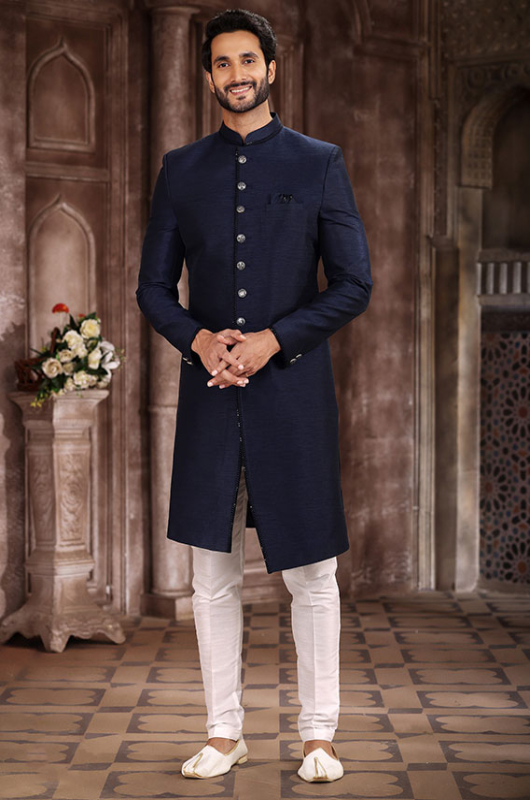 Midnight Blue Art Silk Men Sherwani
