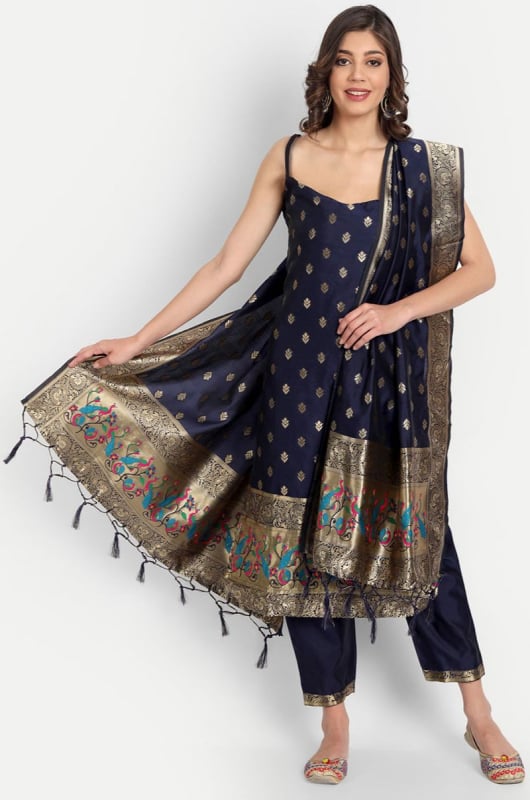 Midnight Blue Cotton Silk Jacquard Readymade Suit