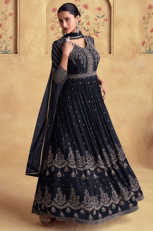 Midnight Blue Embroidered Georgette Anarkali Gown with Dupatta