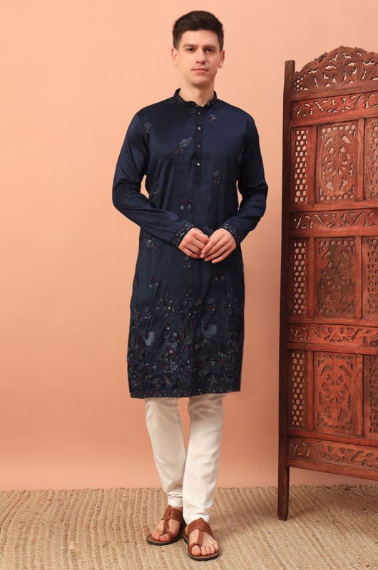 Midnight Blue Embroidered Silk Kurta Set