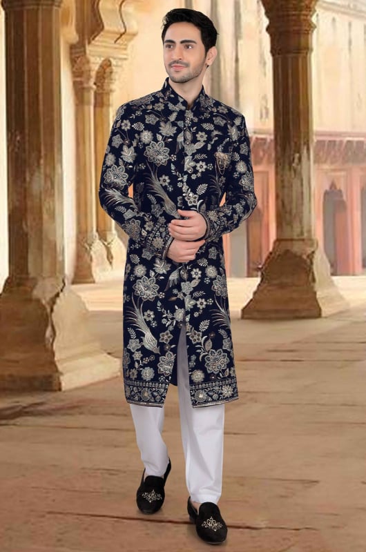 Midnight Blue Embroidered Velvet Designer Sherwani