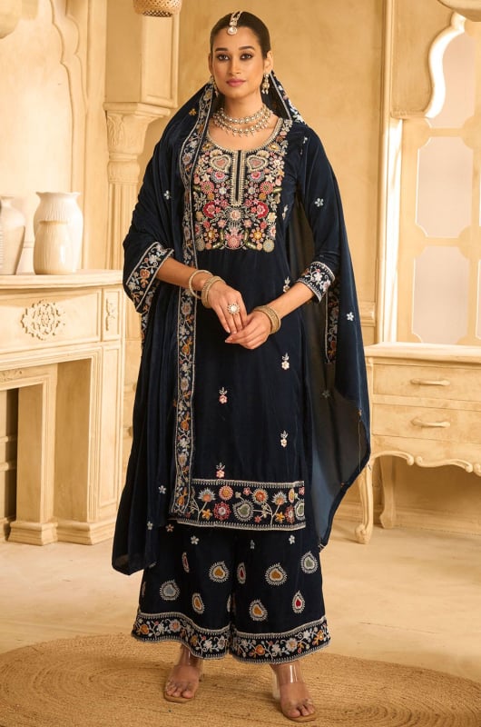 Midnight Blue Embroidered Velvet Palazzo Kameez