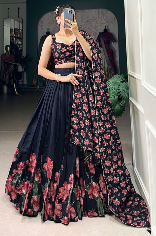 Midnight Blue Floral Print Tussar Silk Lehenga Choli