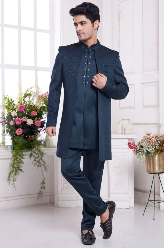 Midnight Blue Jacquard Art Silk IndoWestern