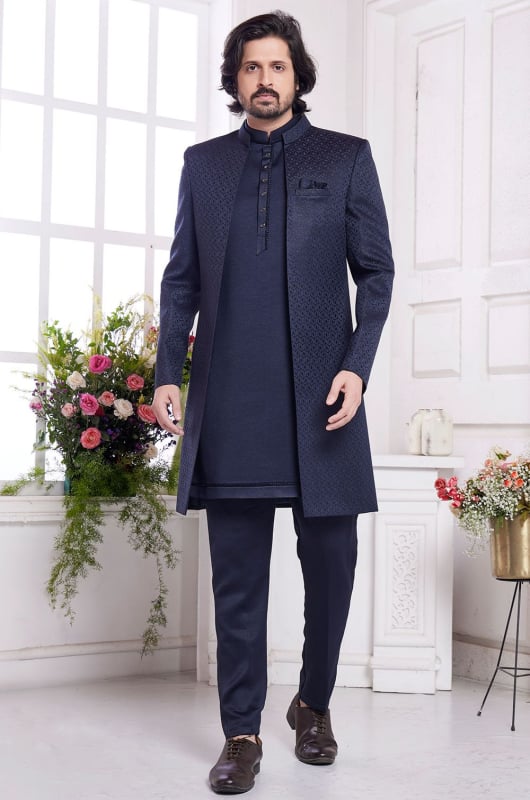 Midnight Blue Jacquard Art Silk IndoWestern
