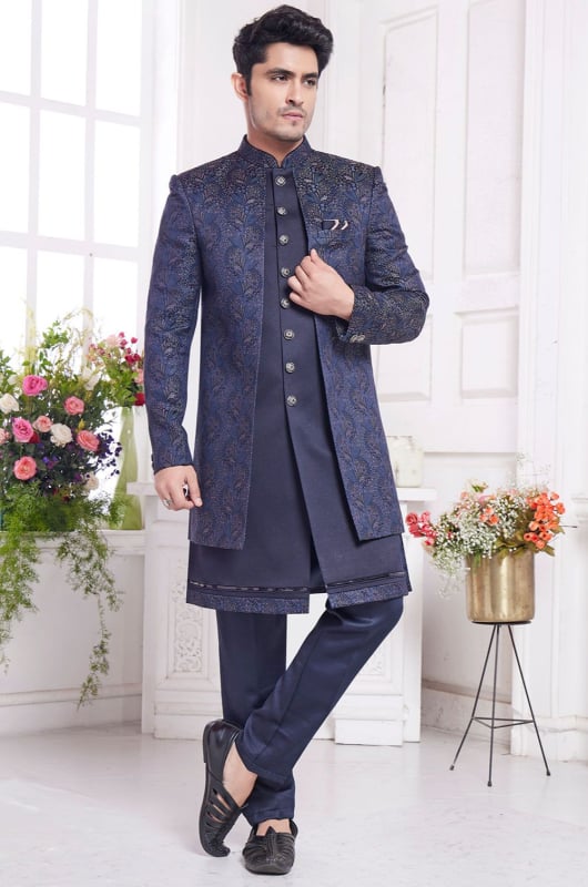 Midnight Blue Jacquard Art Silk IndoWestern