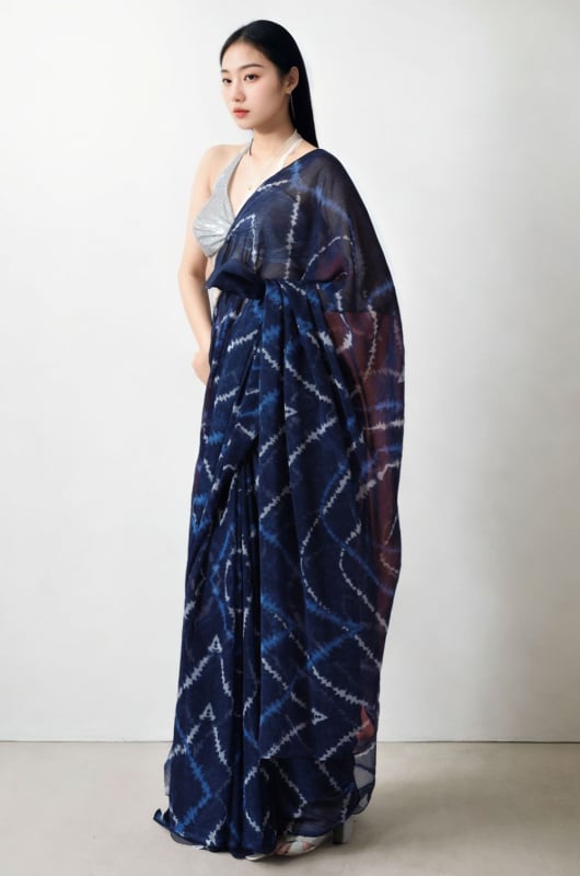 Midnight Blue Printed Chinnon Partywear Saree