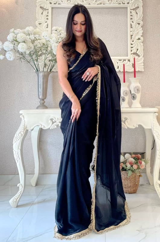 Midnight Blue Satin Party Wear Saree