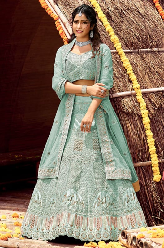 Mint Blue Designer Bridal Lehenga Choli Set for Wedding