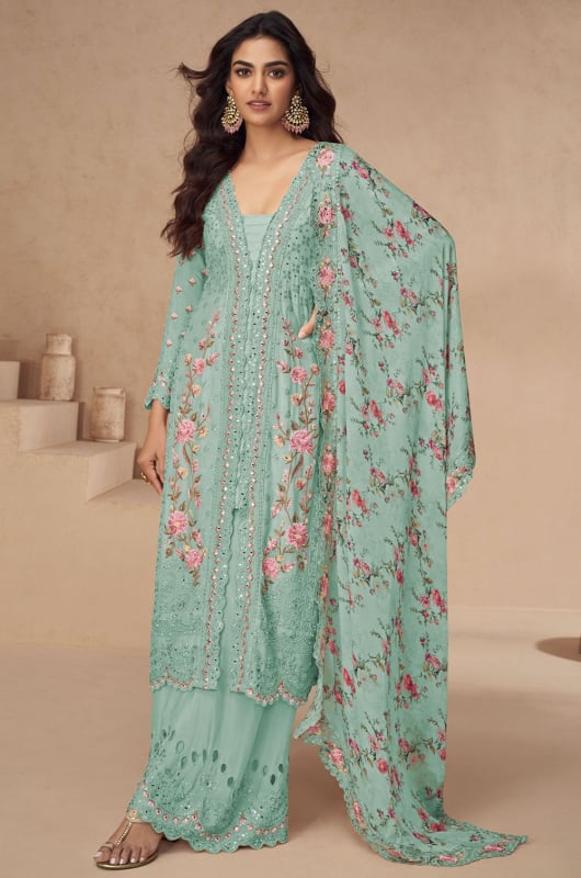 Mint Blue Embroidered Chinnon Silk Palazzo Kameez