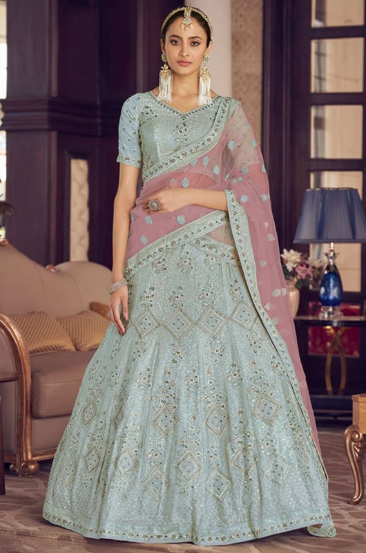 Mint Blue Embroidered Crepe Designer Lehenga Choli for Wedding