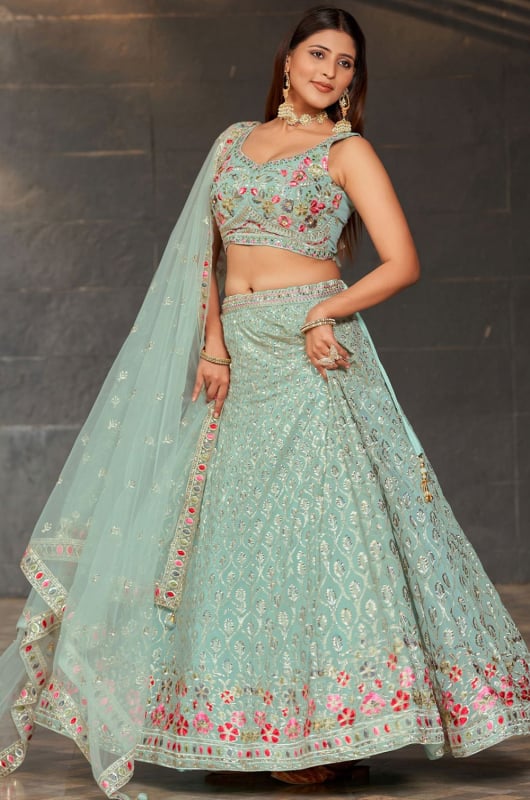 Mint Blue Embroidered Georgette Designer Lehenga Choli