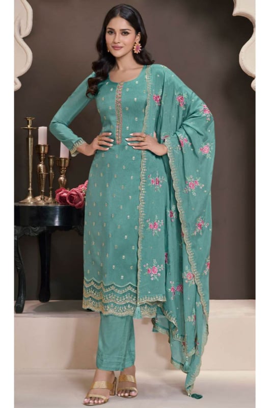 Mint Blue Embroidered Moonga Silk Pant Kameez