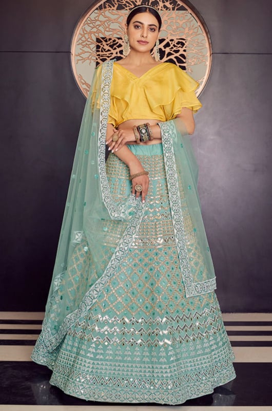 Mint Blue Embroidered Organza Lehenga Choli for Wedding