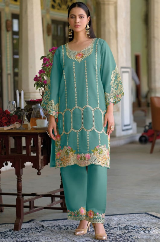Mint Blue Embroidered Roman Silk Co-Ord Set