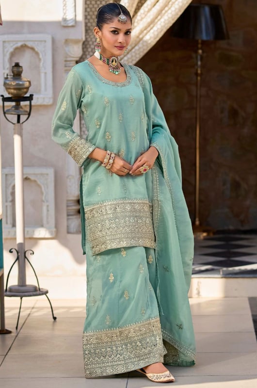 Mint Blue Embroidered Shimmer Designer Palazzo Kameez