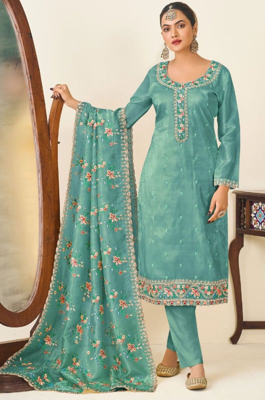 Mint Blue Embroidered Silk Pant Kameez