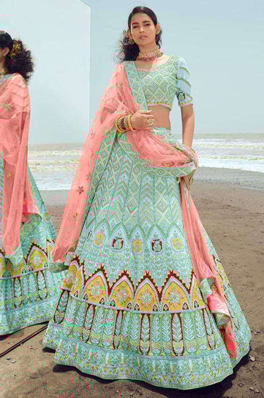 Mint Blue Georgette Designer Lehenga Choli for Wedding