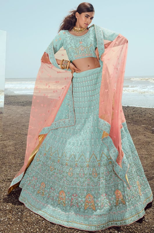 Mint Blue Georgette Designer Lehenga Choli for Wedding