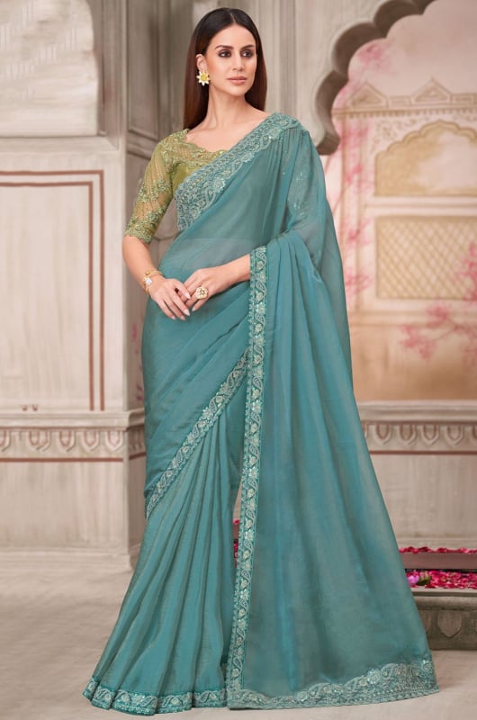 Mint Blue Georgette Silk Saree with Embroidered Blouse