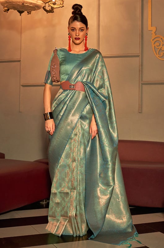Mint Blue Handloom Weaving Silk Saree