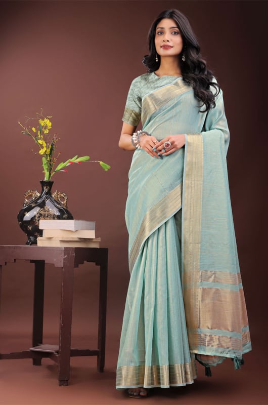 Mint Blue Organza Woven Saree