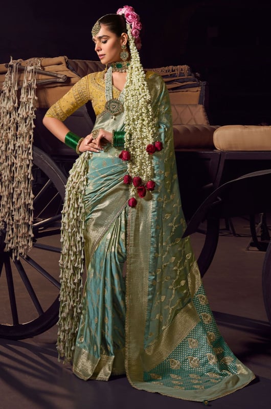 Mint Blue Pure Viscose Tissue Saree with Embroidered Blouse