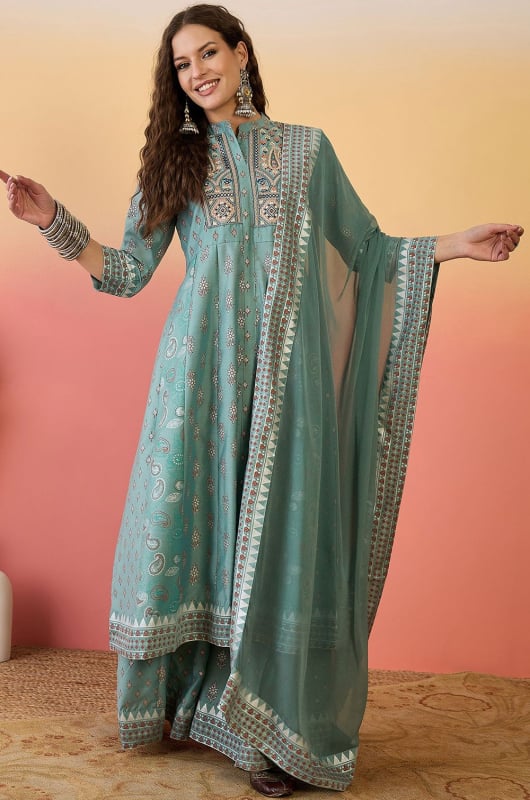Mint Blue Roman Silk Readymade Palazzo Kameez