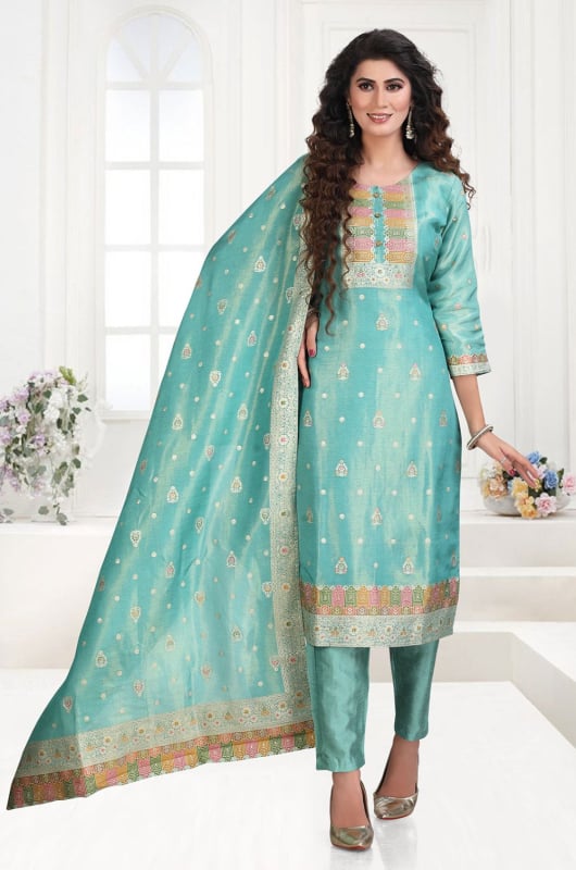 Mint Blue Silk Readymade Pant Kameez Suit