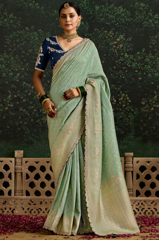Mint Green Embroidered Dola Silk Designer Saree