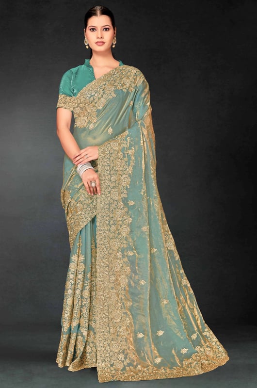 Mint Green Embroidered Fendi Silk Saree