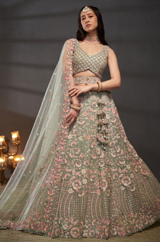 Mint Green Embroidered Net Designer Lehenga Set