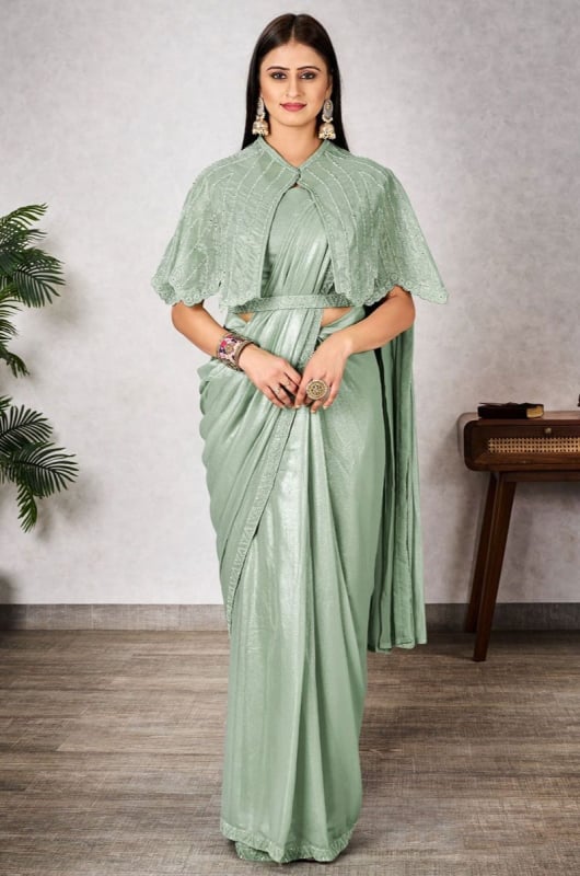 Mint Green Embroidered Shimmer Georgette Ready to Wear Saree