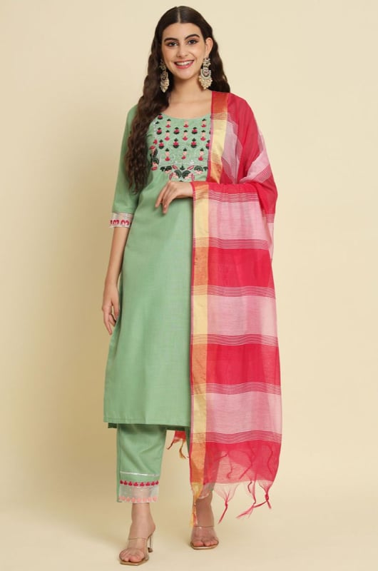 Mint Green Embroidered Silk Blend Readymade Suit