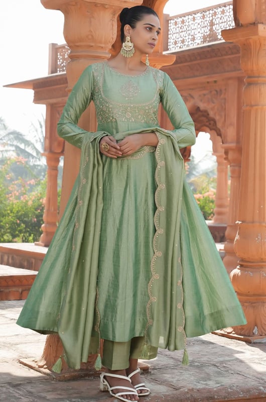Mint Green Embroidered Silk Readymade Anarkali Suit