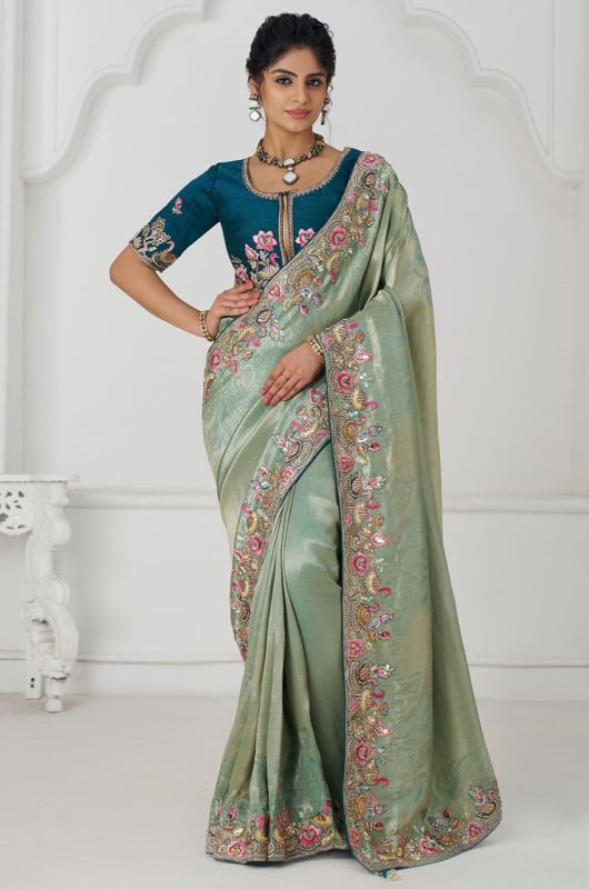 Mint Green Handwork Pure Viscose Silk Designer Saree