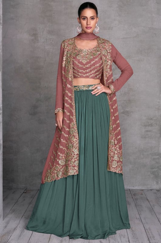 Moss Green Crushed Chinnon Lehenga with Embroidered Choli