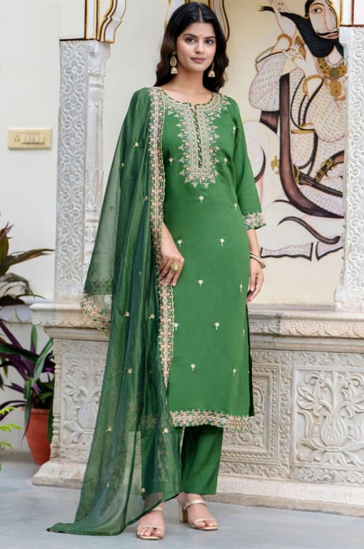 Moss Green Embroidered Silk Blend Readymade Suit