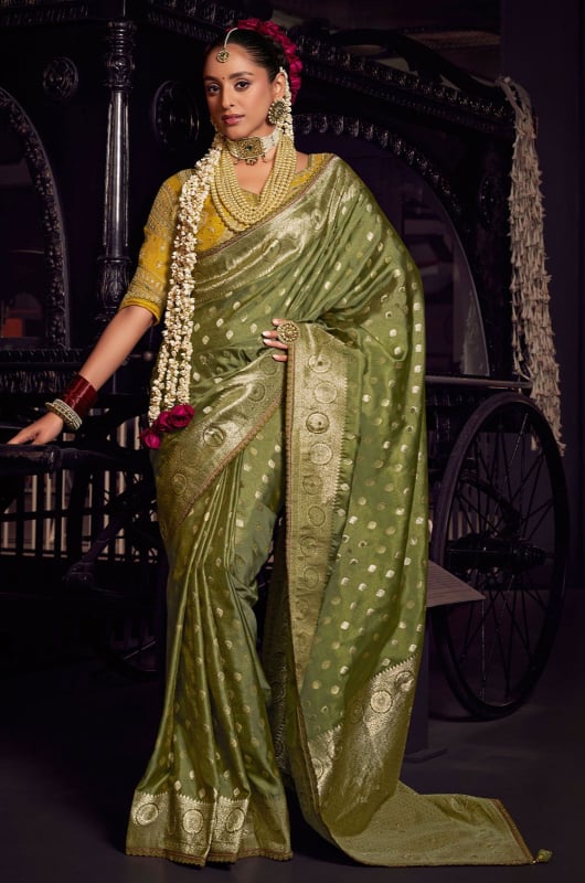 Moss Green Pure Viscose Tissue Saree with Embroidered Blouse