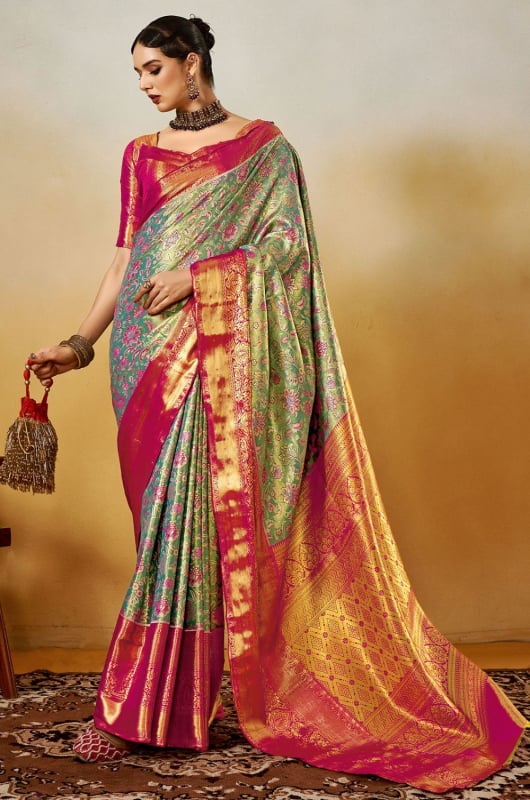 Moss Green Woven Pure Handloom Dharmavaram Silk Saree