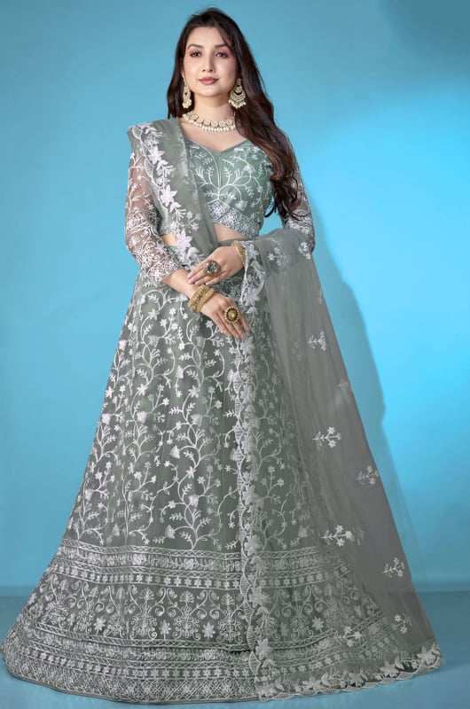 Moss Grey Embroidered Net Lehenga Choli for Ceremonial
