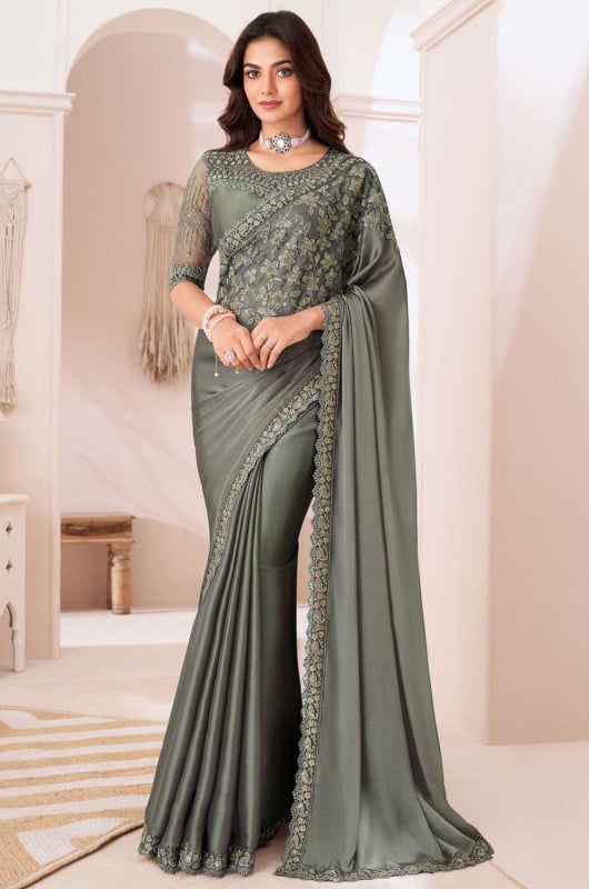 Moss Grey Embroidered Saree with Designer Blouse
