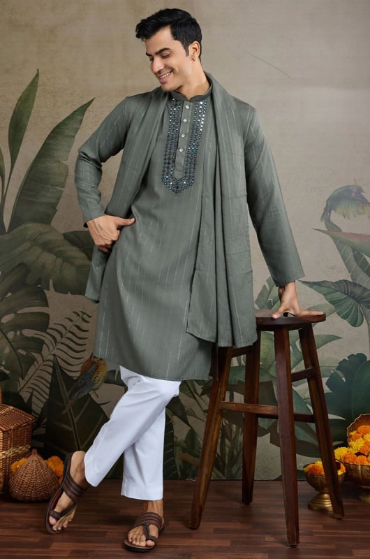 Moss Grey Mirror Embellished Viscose Rayon Kurta Set
