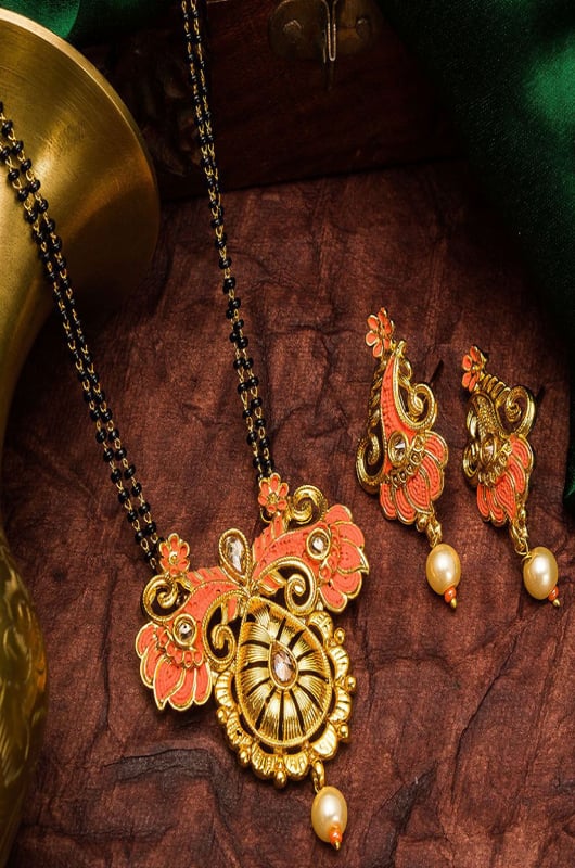 Golden and Orange Stone and Pearls Studded Mangalsutra Set